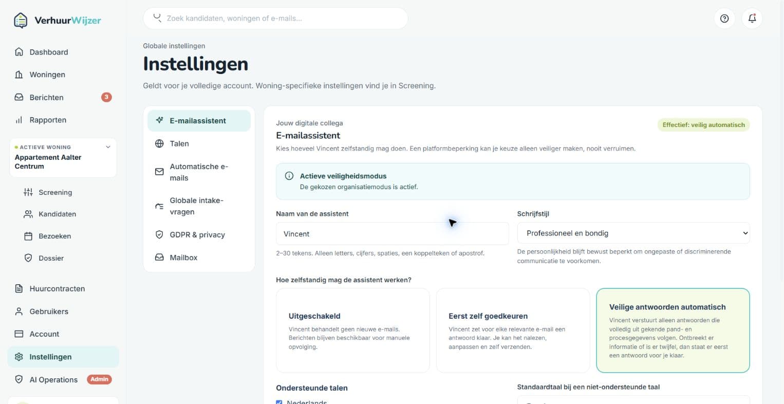 Instellingen voor de veilige e-mailassistent van VerhuurWijzer